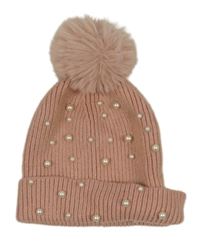 Růžová žebrovaná čepice s perlami a bambulí