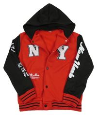 Červeno-černá baseballová mikina s nápisy a kapucí 