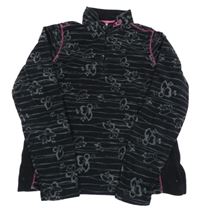 Černo-šedo-růžová pruhovaná fleecová mikina s květy