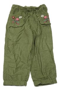 Khaki puntíkaté manšestráky s květy Tu