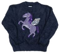Tmavomodrý třpytivý chlupatý svetr s jednorožcem z flitrů C&A