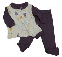 3set- bílo-fialové pyžamo s obrázky+ čepice 