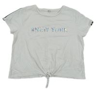 Bílé crop tričko se zavazováním a lesklým nápisem C&A