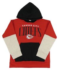 Červeno-černá mikina s nápisem, béžovými rukávy a kapucí  