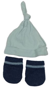 2set - mentolová čepice + tmavomodré palcové rukavice 