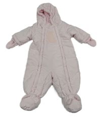 Světlerůžová šusťáková zimní kombinéza s kapucí + rukavice Benetton