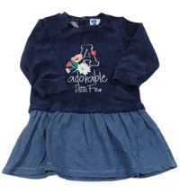 Tmavomodro-modré sametovo/riflové šaty s kytičkami 