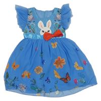 Modré květované šifonové šaty s králíčkem a mašlí 