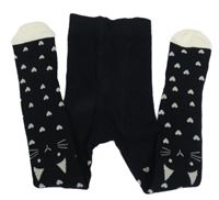 Černé punčocháče s kočkami a srdíčky