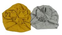 2x - Okrová + šedá nařasená čepice 