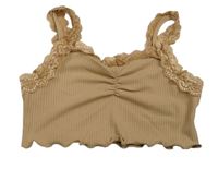 Béžový žebrovaný crop top s krajkou Shein