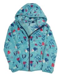 Tyrkysová chlupatá propínací mikina s tučňáky a kapucí Lupilu