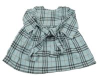 Světlemodro-šedo-medové kostkované šaty s páskem 