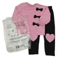 Nové - 2set - Růžová mikina s mašličkami + černé tepláky se srdíčky 