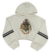 Bílá oversize crop mikina s erbem - Harry Potter a pruhy a kapucí