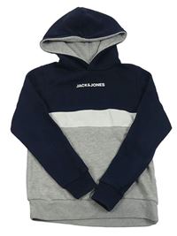 Tmavomodro-bílo-šedá melírovaná mikina s logem a kapucí JACK&JONES