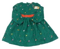 Nové - tmavozelené manšestrové vánoční šaty s obrázky Mini Boden