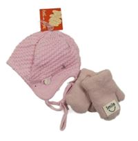 Nové - 2Set - Růžová vzorovaná čepice se šňůrkou Dolli von Döll + pudrové chlupaté zateplené palcové rukavice s nášivkou 