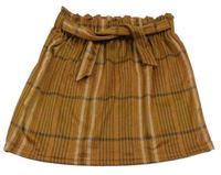 Hnědo-černo-bílo-starorůžová kostkovaná vzorovaná paper bag úpletová sukně se zavazováním BLUE QUEEN