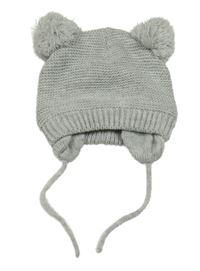 Šedá melírovaná pletená zavazovací čepice s bambulemi 