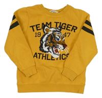 Hořčicová mikina s tygrem z flitrů a nápisy a číslem a pruhy H&M