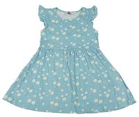 Světlemodré puntíkaté šaty s kopretinami a volánky PRIMARK