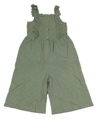 Khaki bavlněný culottes overal s volánky s madeirou George