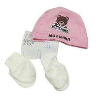 3set - Růžová bavlněná čepice s medvědem Moschino + 2x smetanové rukavičky