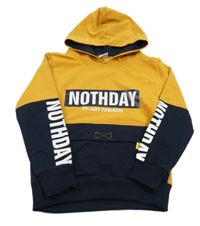 Okrovo-tmavomodrá mikina s nápisem a kapucí