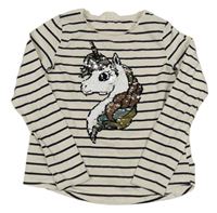 Bílo-černé pruhované triko s jednorožcem z překlápěcích flitrů H&M