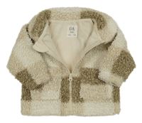 Béžovo-hnědá kostkovaná huňatá podšitá propínací mikina C&A