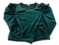 Tmavozelené sametové triko s perlami Shein