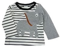 Bílo-černo-šedé triko se slonem a pruhy