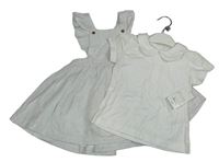 Nové - 2set- Bílo-černé pruhované lněné laclové šaty s volánky + bílé tričko s límečkem Matalan