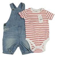 Nové - 2set - Modré riflové laclové kraťasy + bílo-červené pruhované body F&F