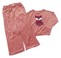 2set - Starorůžová plyšová oversize mikina s liškou + široké tepláky Yigga