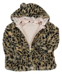 Hnědo-černá kožešinová podšitá bunda s leopardím vzorem a kapucí H&M