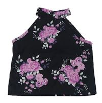 Černo-růžový květovaný crop top 