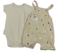 Nové - 2 set - Béžové plátěné laclové kraťasy s Dumbem + žebrované body George