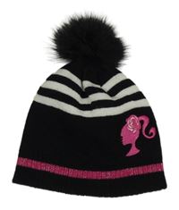 Černo-bílá pruhovaná pletená čepice s Barbie a bambulí 