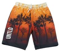 ORanžovo-červeno-tmavomodré teplákové kraťasy s palmami a písmeny Primark