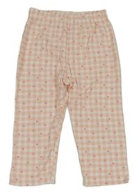 Bílo-růžové kostkované pyžamové kalhoty s srdíčky