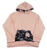 Růžovo-černá mikina s květy a kapucí 