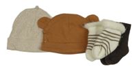 4set - 2x čepice - béžová žebrovaná + hnědá s oušky + 2x ponožky - tmavohnědé + bílo-hnědé pruhované zateplené 