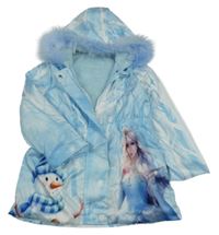 Světlemodro-bílá šusťáková zateplená parka s princeznou a kapucí s kožešinou 