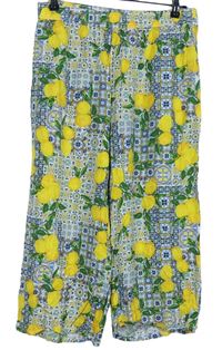 Dámské modro-žluté vzorované culottes kalhoty s citróny Primark 