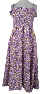 Dámské fialovo-okrové květované žabičkové midi šaty H&M