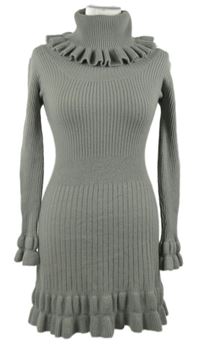 Dámské šedé svetrové žebrované šaty s límcem 