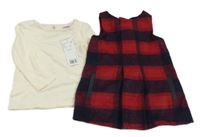 Nové- 2set- tmavomodro-červené kostkované šaty+ smetanové triko F&F