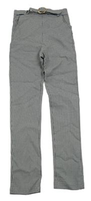 Černo-bílé vzorované skinny plátěné kalhoty s páskem 
